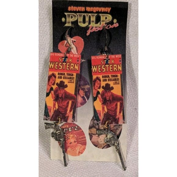 Steven Mcgovney Earrings Western Pulp Dangle Handcrafted Cowboy Romance Kitschy - Picture 2 of 13